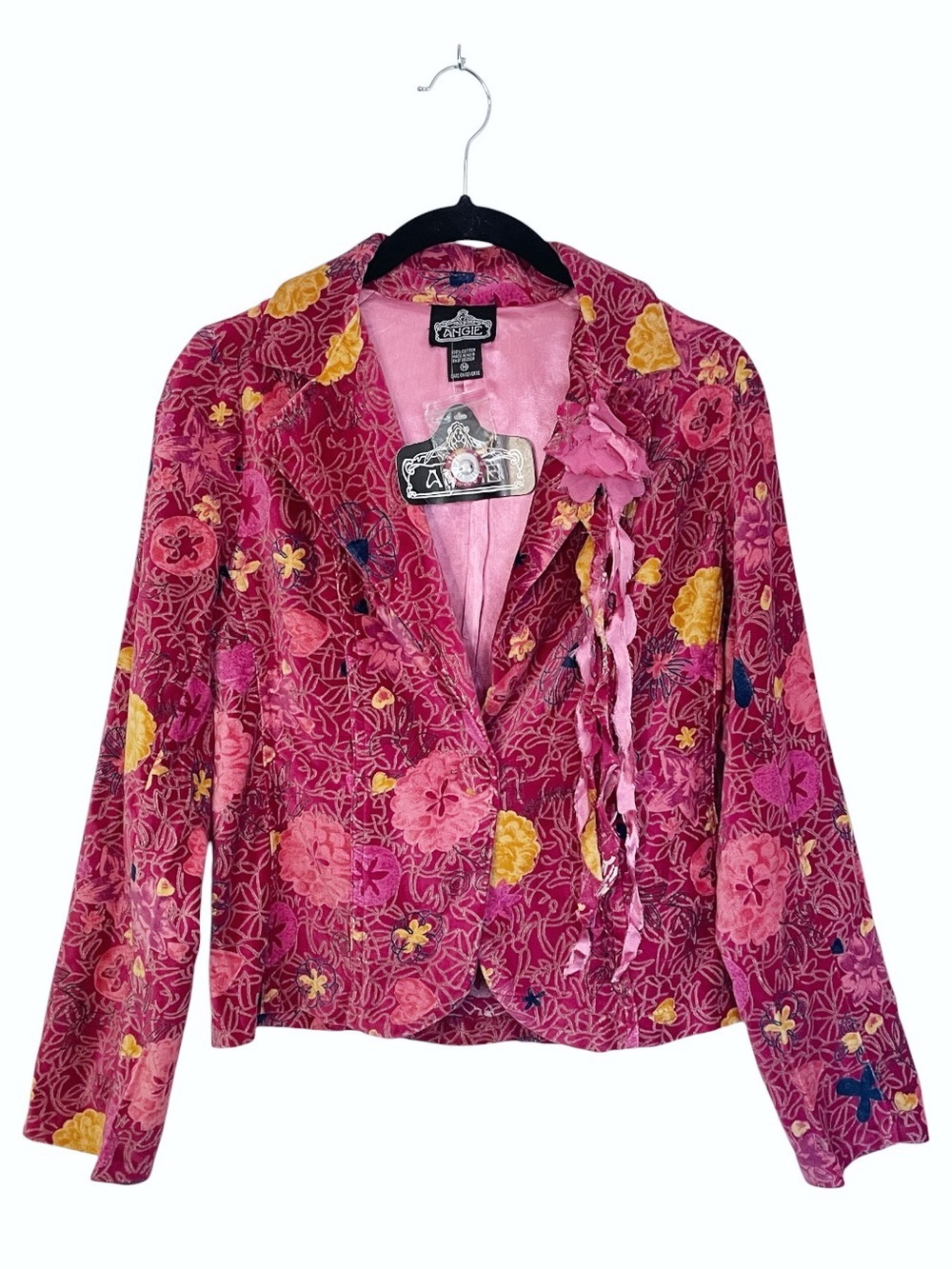 Y2K Angie Boho Velvet Floral  Jacket Corsage Fuchsia Pink M